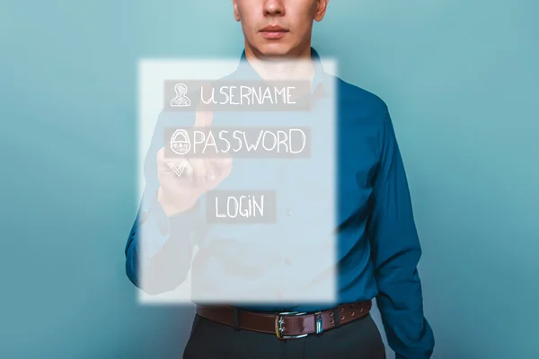 Male man businessman touch finger login password on the site Int