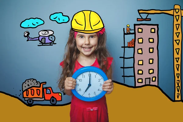Teen girl and watches in helmet of house under construction cartoon sketch