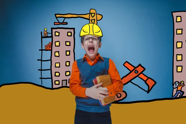 Adolescent boy in glasses retro screaming builder in a helmet of