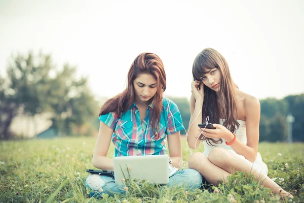 Sisters using tablet and smartphone in the park
