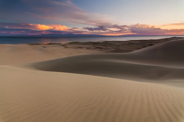 Sand dunes on the background of the desert lake. Gobi Desert