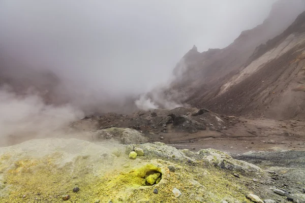 Yellow fumaroles and volcanic rocks. Kamchatka Peninsula.