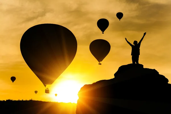 Silhouette of happy man on the sunset sky background and the fly