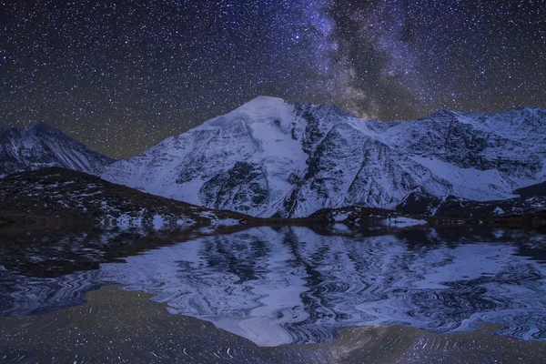 Amazing night landscape with mountains and stars. Reflection of