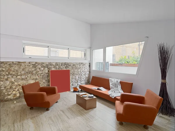 Modern living room with orange sofa