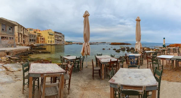 Empty outdoor cafe in the morning, Chania, Crete