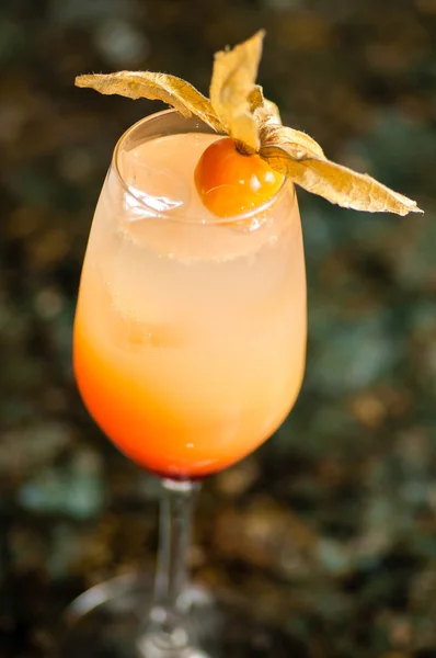Glass filled with orange colored cocktail