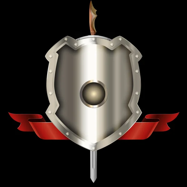 Shield with sword and red ribbon.