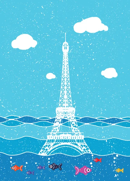 Eiffel tower flood. France attraction underwater.Disaster in Paris