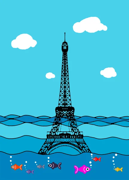 Eiffel tower flood. France attraction underwater.Disaster in Paris
