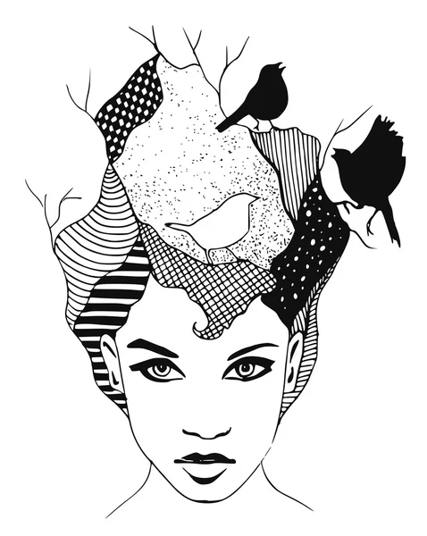 Black-and-white illustration depicting abstract portrait of a woman