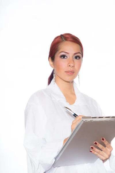 Hispanic Female Wearing Lab Coat While Holding Clipboard