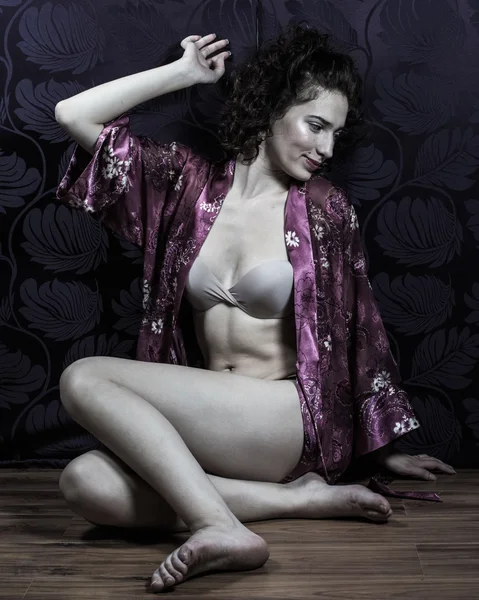 Stunning Female Wearing Floral Silk Robe