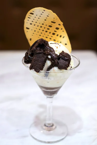 Delicious vanilla ice cream with brownie and topping, japanese dessert