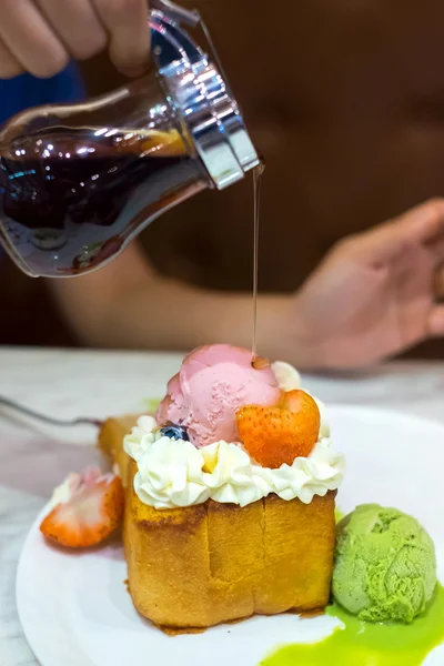 Shibuya honey toast with fruit and green tea ice cream, japanese dessert