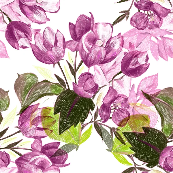 Pattern with drawing of purple flowers