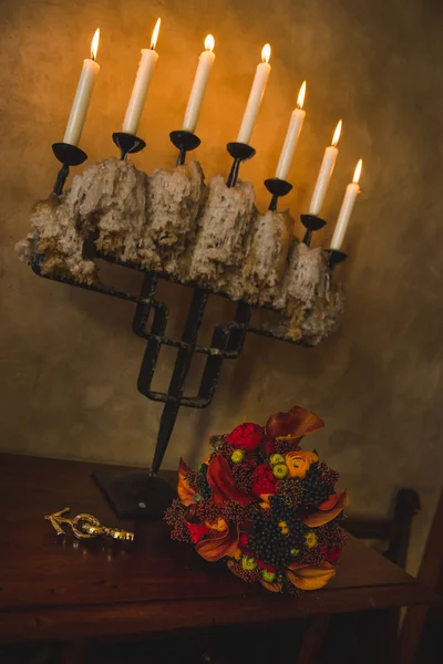 Candles, candle holders, bouquet, wedding bouquet, puzzle, beautiful candle holder, dusk, chest of drawers, antique