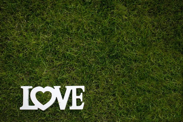 Word LOVE lying in lush, well cut grass
