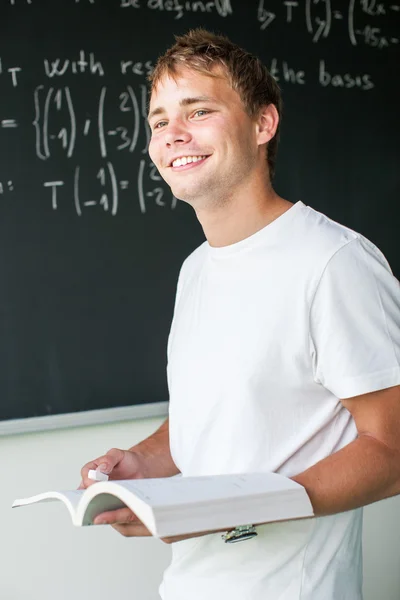 Handsome college student solving a math problem during math