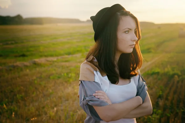 Young alonel free sad woman hipster in fall field