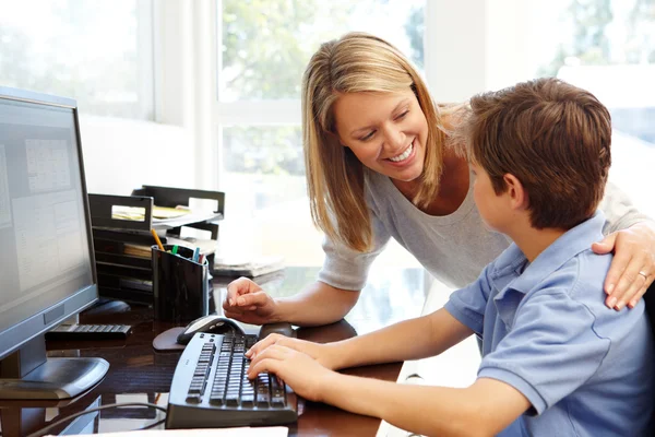 Mother and son using computer