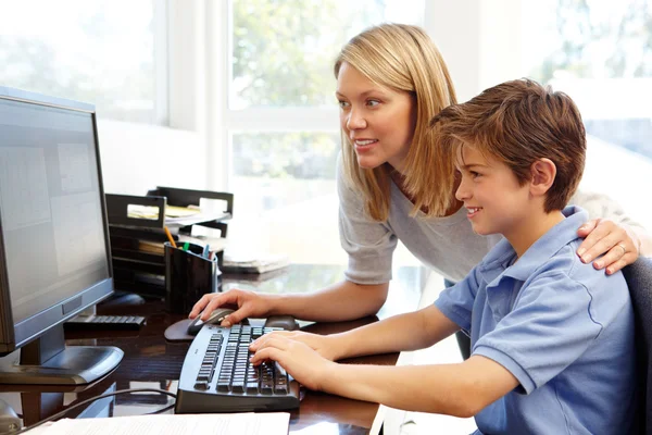 Mother and son using computer