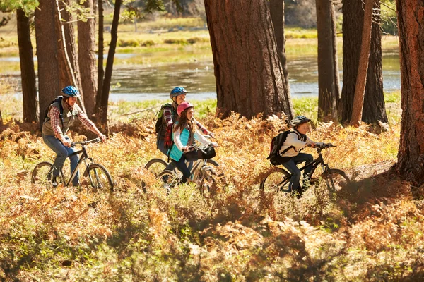 Family mountain biking past lake