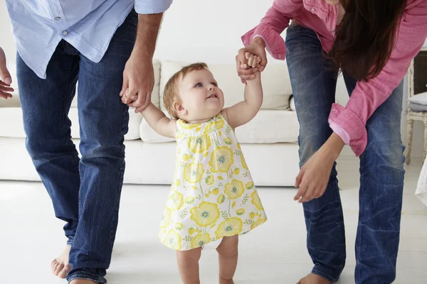 Parents teaching baby to walk