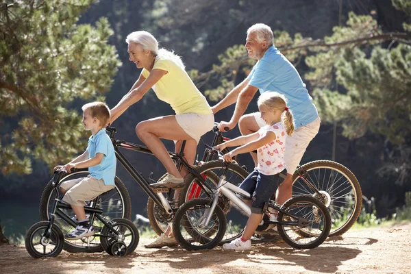 Senior couple with grandchildren on  bike ride