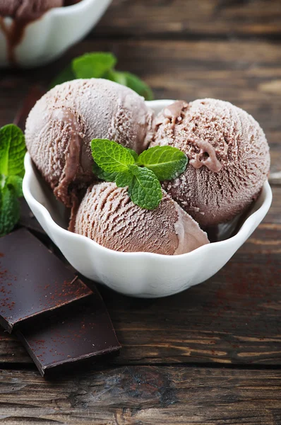 Chocolate ice cream with fresh mint