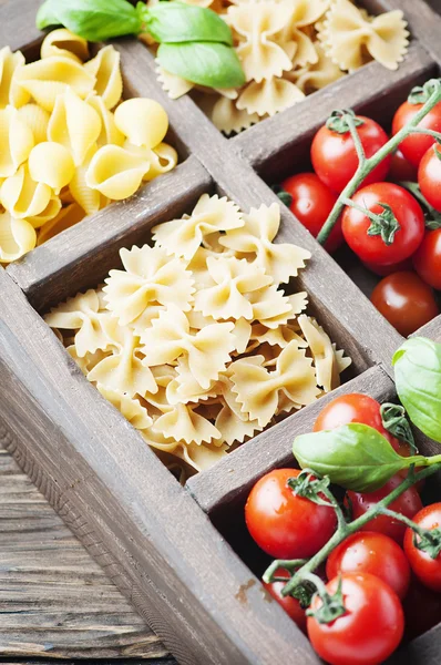 Mix of italian pasta in the wooden box
