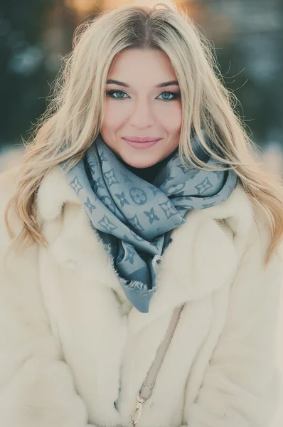 Beautiful young woman walking in the winter park