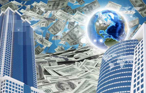 Buildings and Earth. Dollars falling from the sky