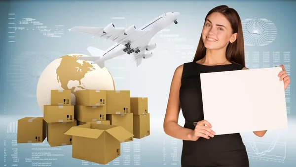 Businesswoman hold paper sheet. Earth with heap brown cardboard boxes and flying airplane are located next