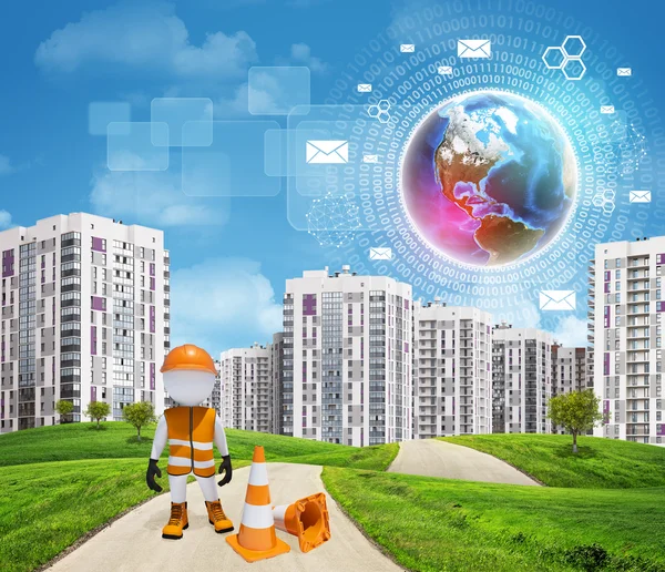 Three-dimensional worker standing by traffic cones on road running through green hills towards city. Brightly coloured planet, charts and other virtual items in sky