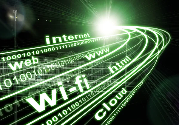Wire frame Building Light Beams Digits And Words Like Internet Web wire-frame-building-light-beams-digits-and-words-like-internet-web