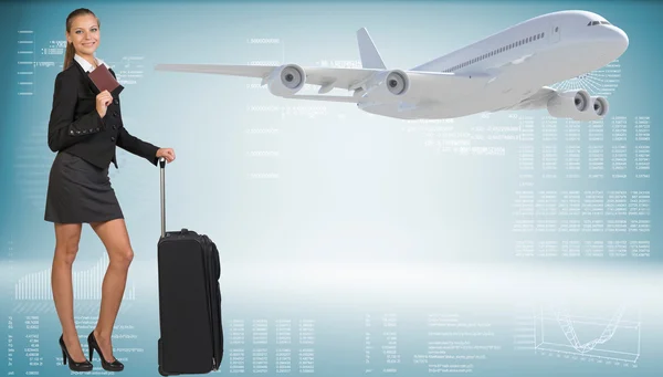 Businesswoman with suitcase and passport. Image of flying airlin