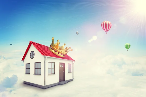White house with red roof and crown in cloud. Background sun shines brightly, flying hot air balloon