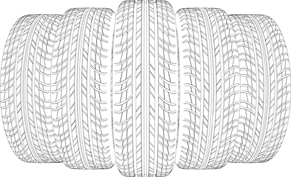 Drawing of five wire-frame tires. Vector illustration