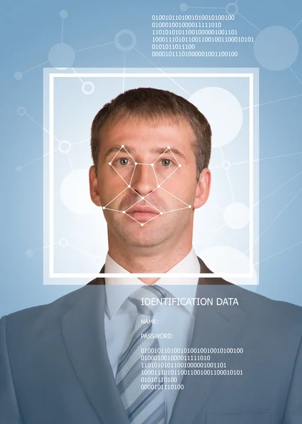 Concept of person identification. Man in suit, looking at camera. Face with lines