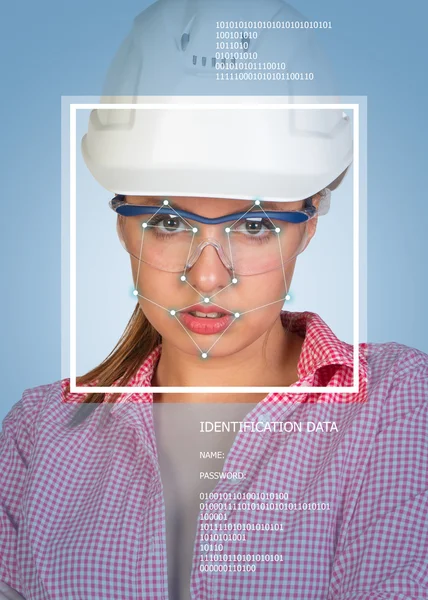 Concept of person identification. Sexy builder in helmet and glasses. Face with lines