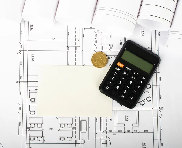 Blank card with calculator on blueprint