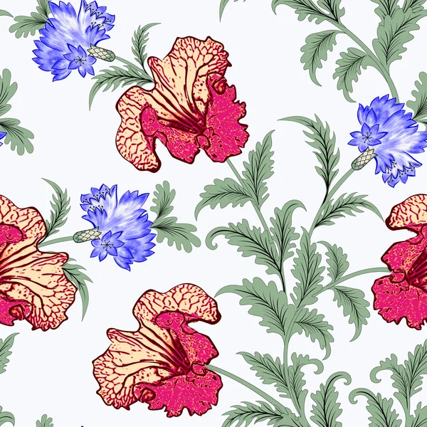 Seamless colorful pattern with yellow pink flowers,blue cornflowers