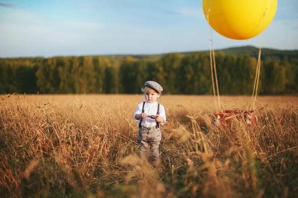 Traveler boy keeps a telescope next to the balloon in a field