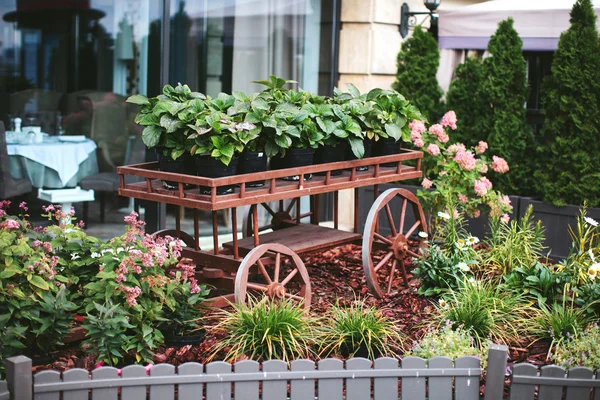 Outdoor garden dcor, wooden cart with flowers