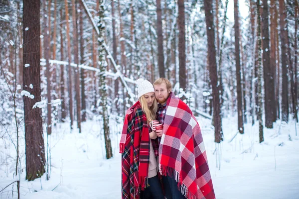 Young couple sheltered red plaid holding a hot tea in winter wood