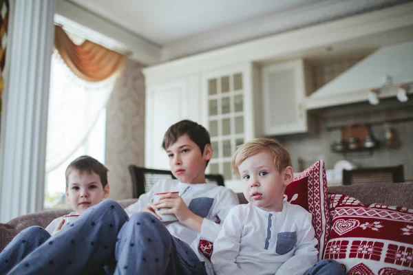 Young brothers in identical pajamas holding mugs of milk sitting on a sofa