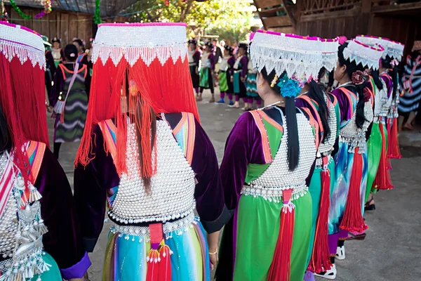 Ritual dance of women in national costumes during the Spring Festival (Chinese New Year) in mountain village of Lisu, province of Mae Hong Son, Thailand