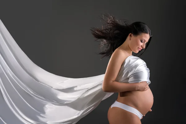 Sensual pregnant woman poses with fluttering cloth