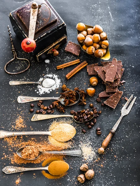 Sweet spices and chocolate on a table